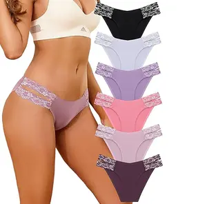 FINETOO Seamless Underwear for Women Cheeky Bikini Panties High Cut V-waist Lace Underwear Women Cute Bikinis 6 Pack