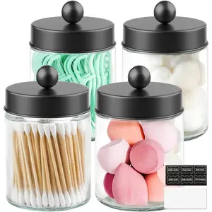 4 Pack Glass  Jars with  for Bathroom, Cute Qtip Holder, Black Bathroom Accessories Set, Small Bathroom Canisters with  for Q-Tips,  Swabs, Black Bathhouses Decor