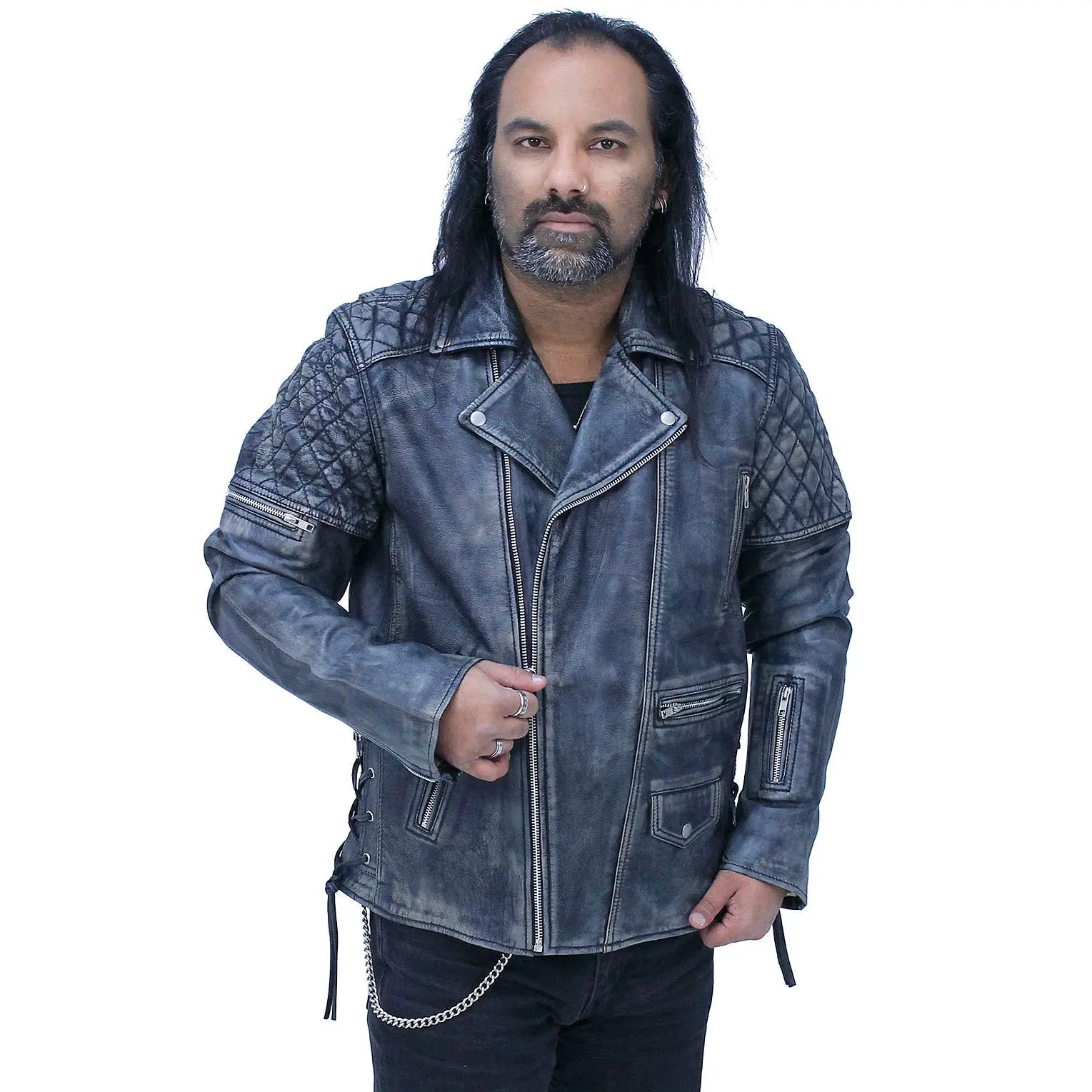 Quilted Taupe/Black Distressed Leather MC Jacket CC Pockets #MA2023QGK