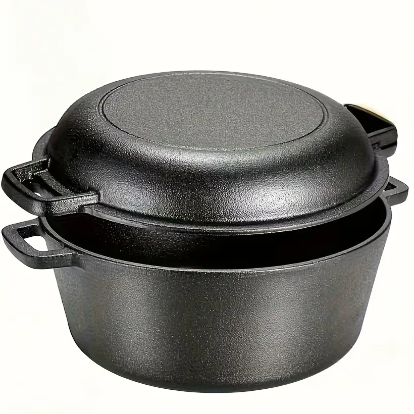 5QT Pre-Seasoned Cast Iron Dutch Oven with 2-in-1 Skillet Silicone Lid - Outdoor Cooking Equipment, Heavy-Duty Deep Pot Shape, Dual Handles Fry Pan for Camping, Bread Baking