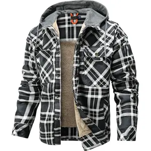 Men's Hooded Coat Casual Thicken Plaid Work Flannel Snap Sherpa Lined Fleece Shirt Jacket