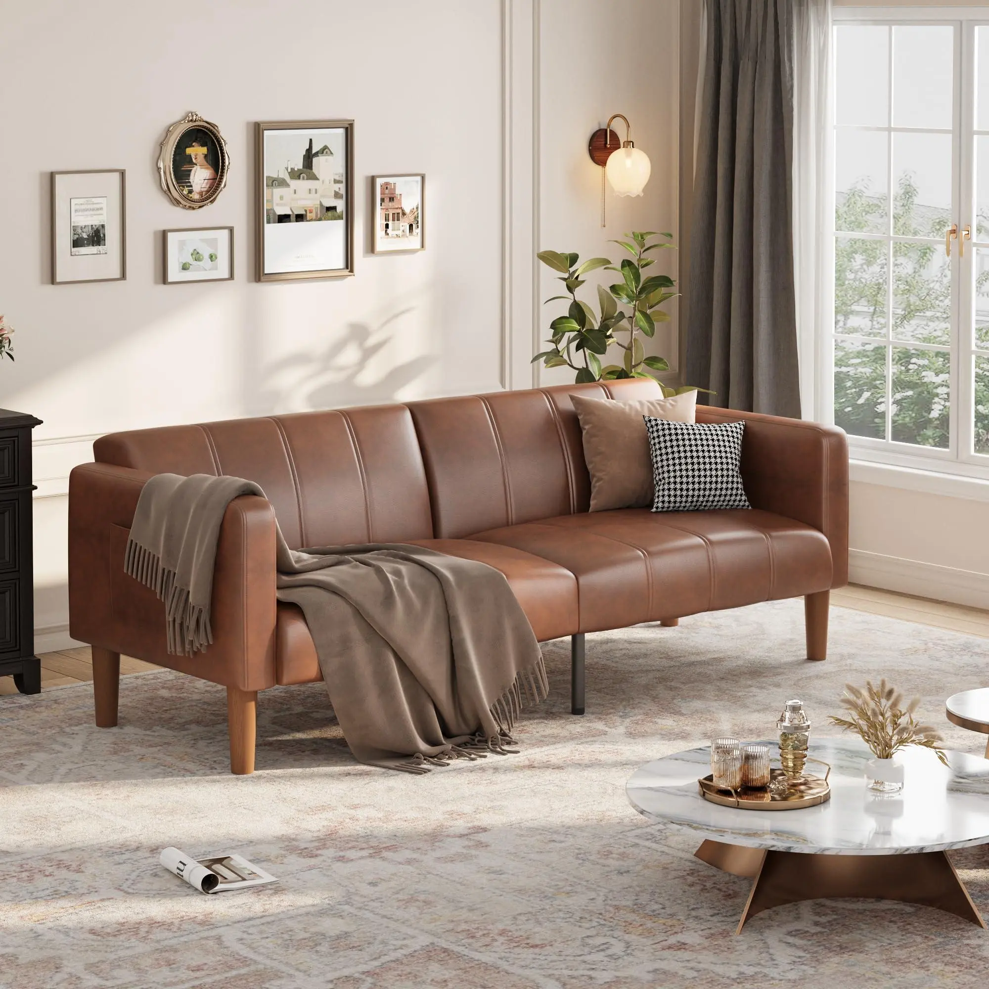 Gaomon 75 in PU Leather Futon Loveseat Sofa Bed - Convertible Space Saver with Adjustable Backrest, Side Pockets, Ideal for Small Spaces, Brown