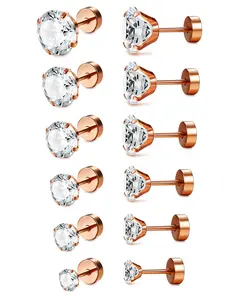 6 Pairs Rose Golden CZ Flat Back Stud Earrings Set for Women Men Unisex Multi-size Stainless Steel Cartilage Piercing Jewelry Gentle Hypoallergenic for Sensitive Ears Minimalist Elegance Subtle Bling Charm Clear Sparkling CZ Lasting Brilliant Reflection