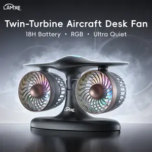 LAMJUE Twin-Turbine Aircraft Desk Fan, 8000mAh 18H Battery with RGB, Ultra Quiet & Strong Breeze, Multi-Angle Tilt, Type-C Fast Charging, for Home Office Bedroom Gaming, Black Copper/Silver