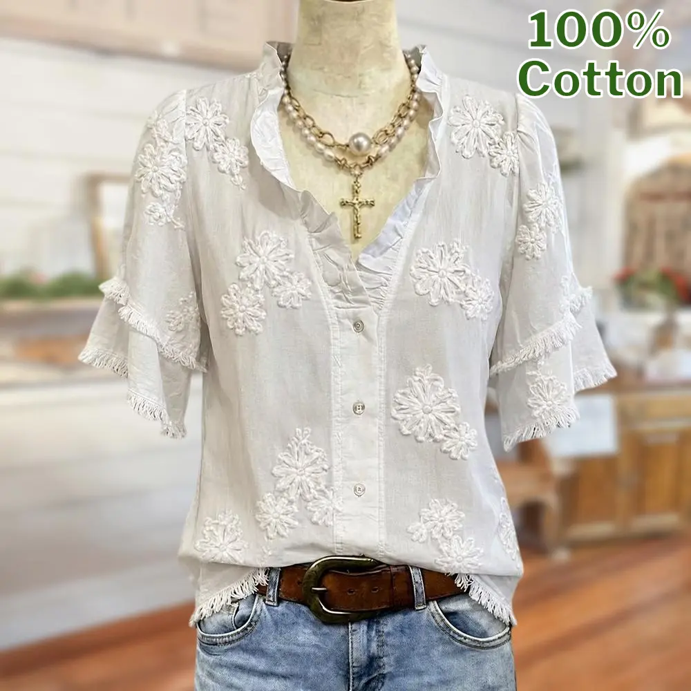 Sage Vell 100% Cotton Exquisite Floral Embroidery Blouse Vintage Ruffle Collar Short Puff Sleeve Striped Cuff Shirt Casual Floral V Neck Summer Top for Daily Wear Beach Vacation Streetwear