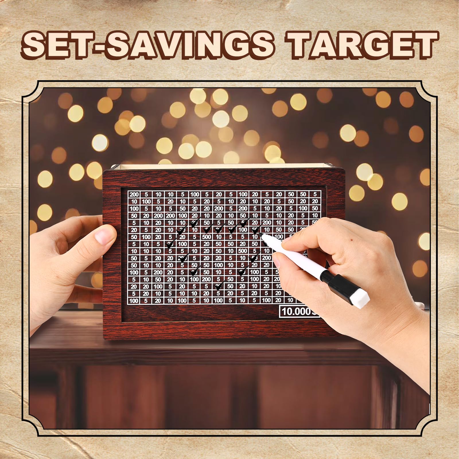 10000 Savings Challenge Box, Wooden Money Saving Piggy Bank for Adults Kids, Reusable, Targets 10k