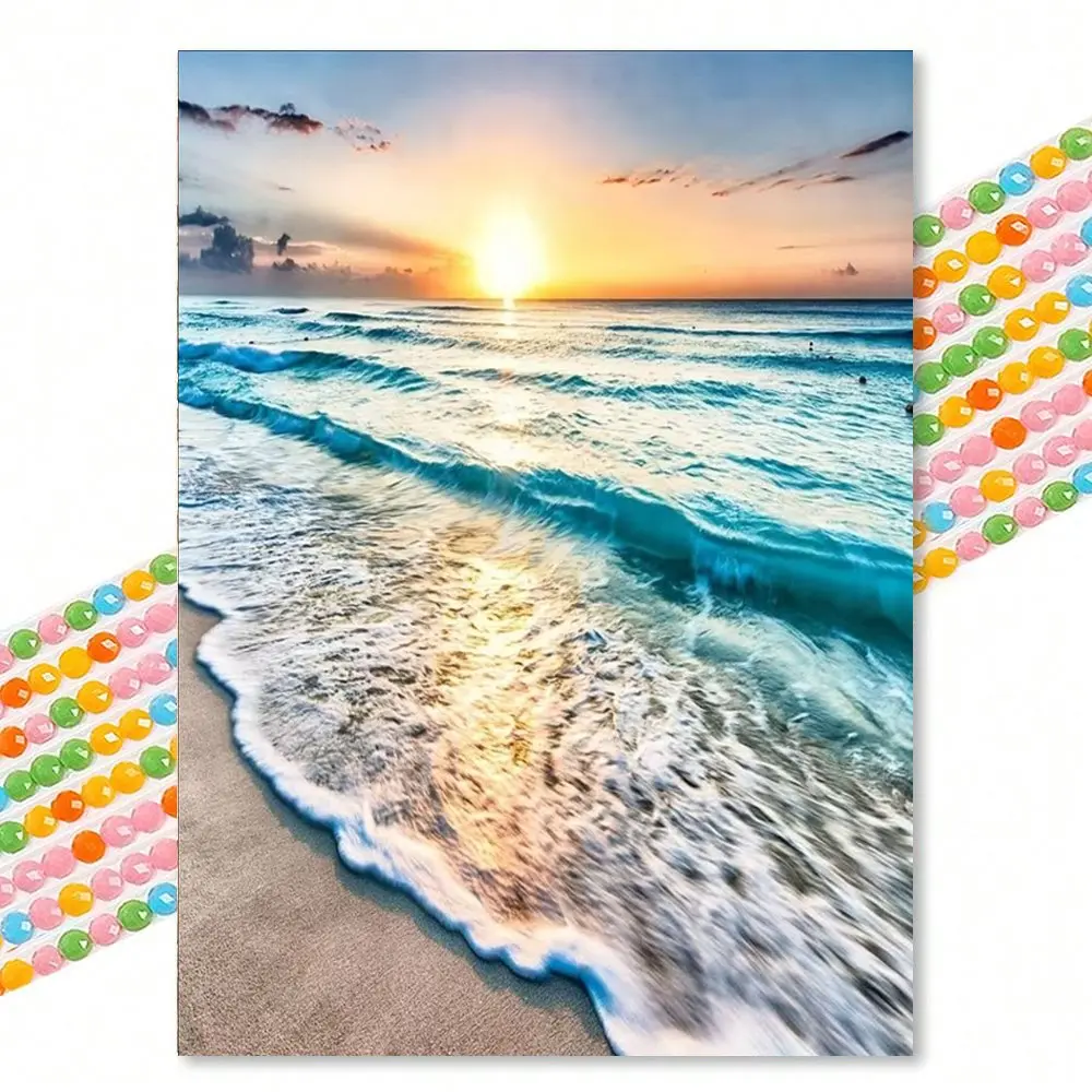Beach Sunrise Diamond Painting, Realistic Landscape Round Drill 30x40cm Handmade Embroidery Handicraft, Adult DIY Art Wall Decor for Living Room Bedroom Decoration