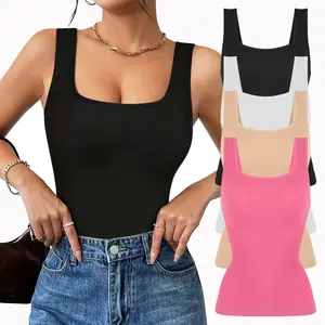 Women's 2025 Tank Tops Square Neck Sleeveless Shirts Summer Casual Basic Tanks, Tummy Control Shapewear Tank Top, Womenswear Minimalist Comfort Lady Underwear Casual Short