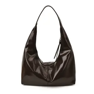 Women's Glossy Faux Leather Hobo Shoulder Bag — A Lustrous Everyday Tote Bag / Soft Patent Leather Bag