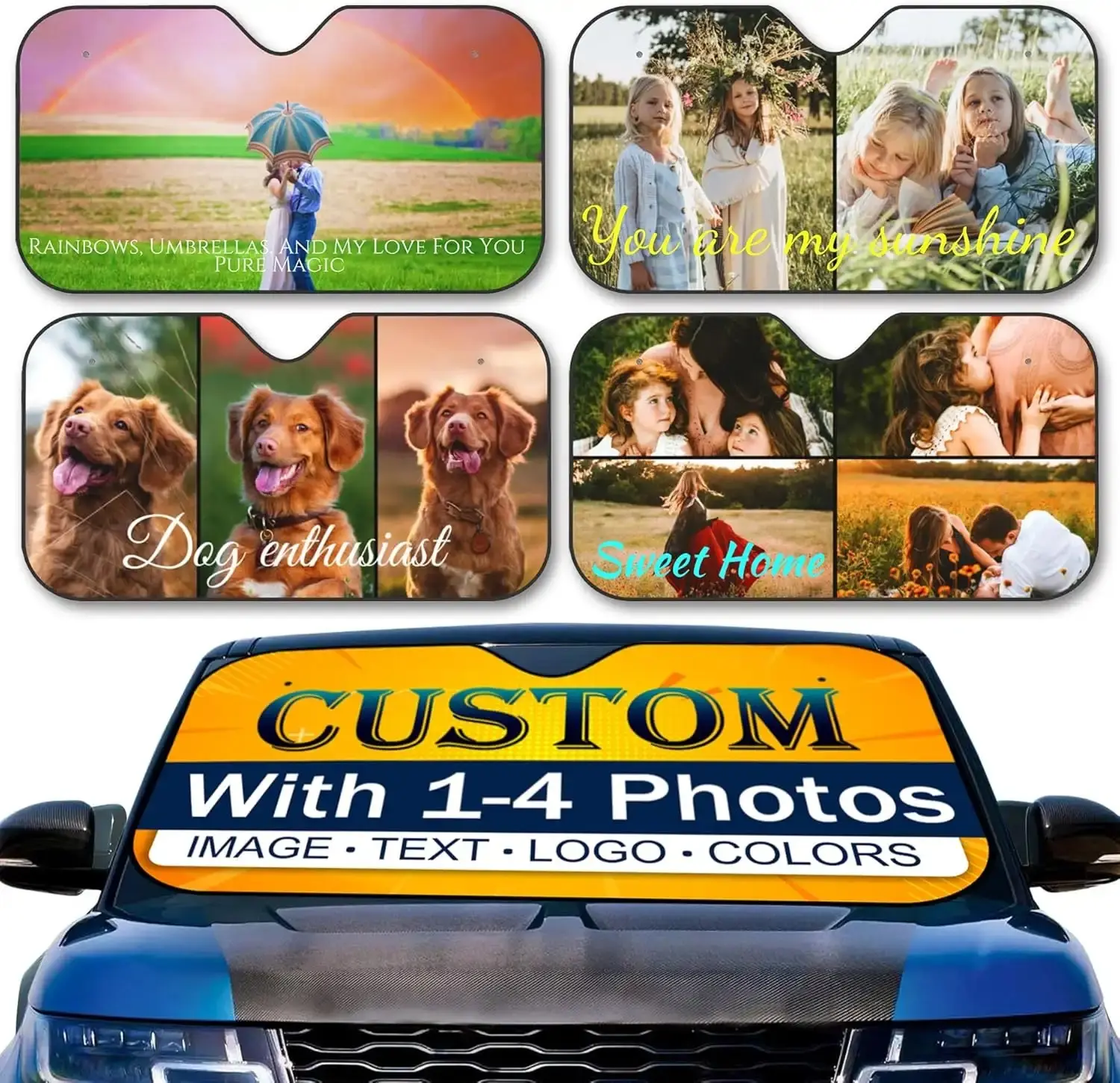 Car Windshield Sun Shade Personalized Sun Visor with 1-4 Photo Add Your Own Photo Logo Text Foldable Reflective Sun Shield UV Rays Protector for Sedans SUV Trucks (1 Photo, S)