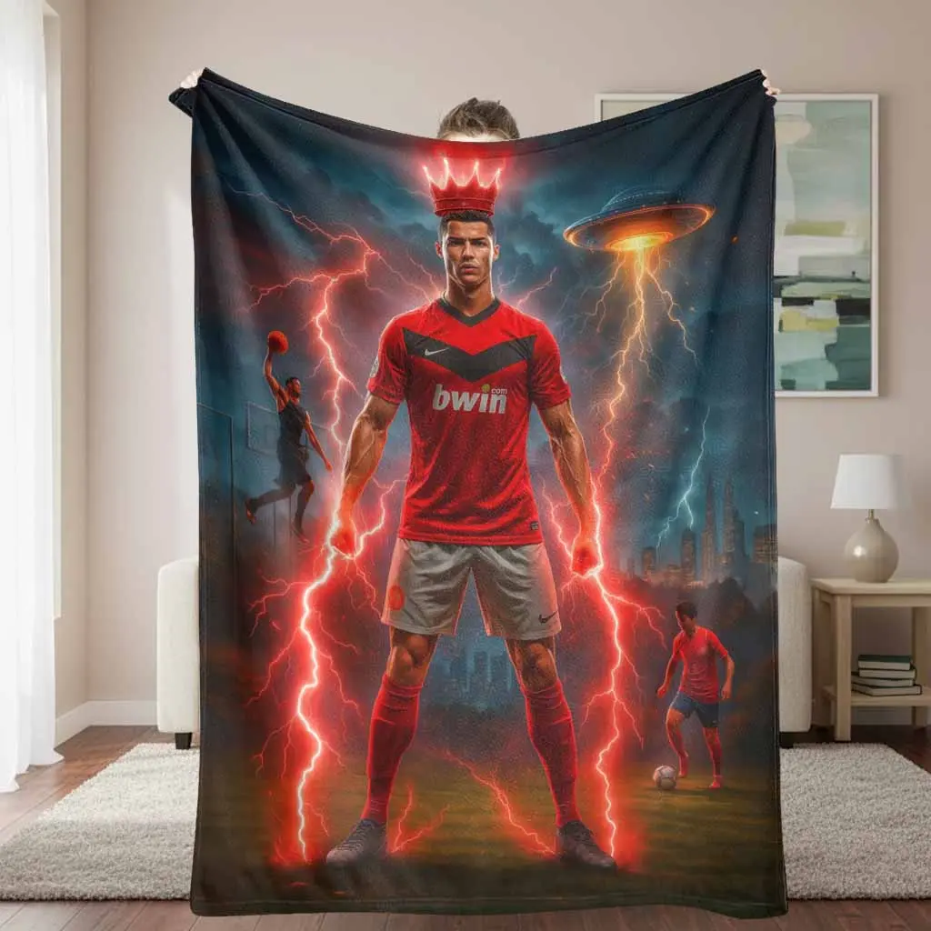 Cristiano Ronaldo Crowned Print Lightning Football Flannel Throw Blanket - Lightweight, Cozy, Soft, Warm Blanket Throw for Soccer Fans, Couch or Bed Use, Sports Themed Room Decor Gift, Throw Blankets