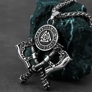 Stainless Steel Viking Double Axe Pendant Necklace Nordic Rune Amulet Trinity Necklace High Quality Popular Jewelry Gift