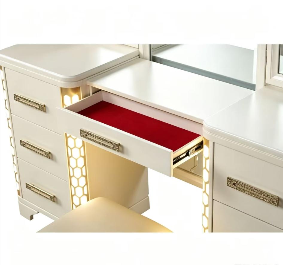 Bellemave JASMINE Queen 4-Pc LED Wood Vanity Set - Beige Indoor Furniture with Vanity, Dresser, Nightstand, Headboard, LED-Light for Bedroom Decor, Dorm Essentials