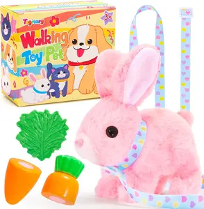 Plush Toys Bunny Toys with Sounds,Can Walk,Wiggle Ears,Twitch Mouth and Nose,Hopping Interactive Electronic Rabbit Toys with Leash,Easter Christmas Valentines Day Birthday Gift Cute
