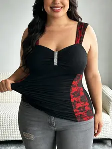 Plus Size Gothic Inspired Ruched Cami Top Sequins Panel Lace Trim Curve Tank Top Slim Fit Sleeveless Shirts