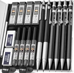 6 PCS Art Mechanical Pencils Set, Black Metal Drafting Pencil 0.3, 0.5, 0.7, 0.9 mm & 2PCS 2mm Graphite Lead Holder For Writing Sketching Drawing