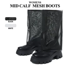 CYNLLIO Mesh Boots for Womens Mid Calf Chunky Heel Mesh Net Desing Round Toe Comfy Platform Boots Stylish Dress shoes for Concert Evening Outing Dayout Walkout Fashion Boots