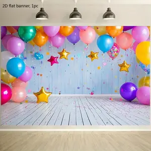 A "dreamy starry party backdrop - vibrant balloons and golden stars adorning it, perfect for birthday celebrations, events and various festivals, creating a cheerful and festive atmosphere!" wwx