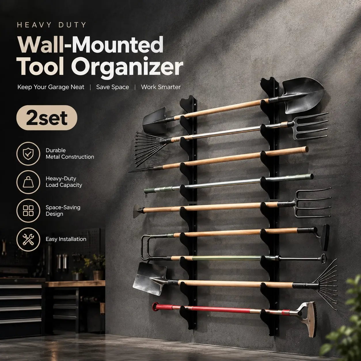 4pcs Workshop Tool Storage Rack, Space Saving Organizer for Garage and Shed, Sturdy Design for Long-Handled Tools and Equipment, Easy to Use and Store, Practical for Daily Use, Durable Construction for Home and Garden, Convenient Storage Solution
