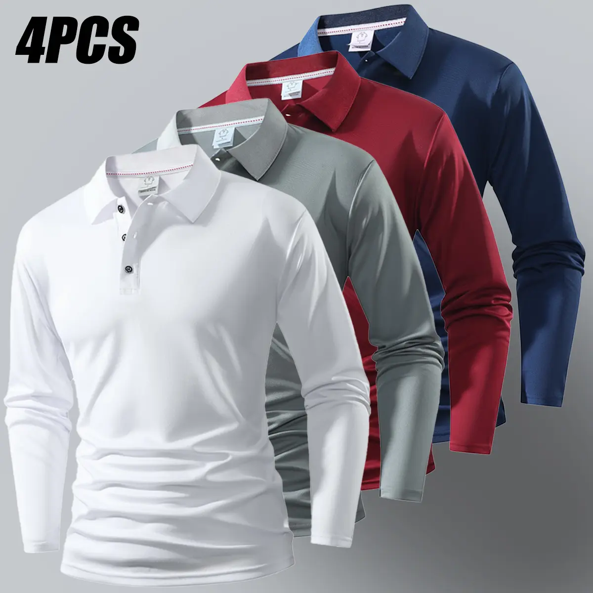 Set of 4 men’s long-sleeve shirts featuring a classic turn-down collar—new styles in solid colors that are stylish and easy to match. Lightweight, breathable, soft, and skin-friendly fabric, suitable for everyday wear and golf.