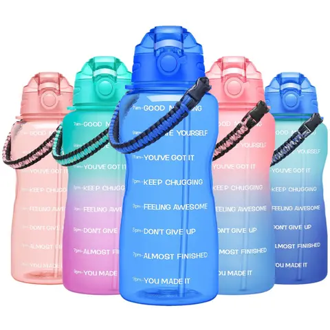BPA-Free Reusable Polypropylene (PP) Sports Water Bottle - 2200ML (64oz), 1 to 1.9L, Leak-Proof, Wide Mouth, Time Marker, With-Straw, Motivational Quote, Gym/Office Ready, Unisex Adults Hydration Bottle