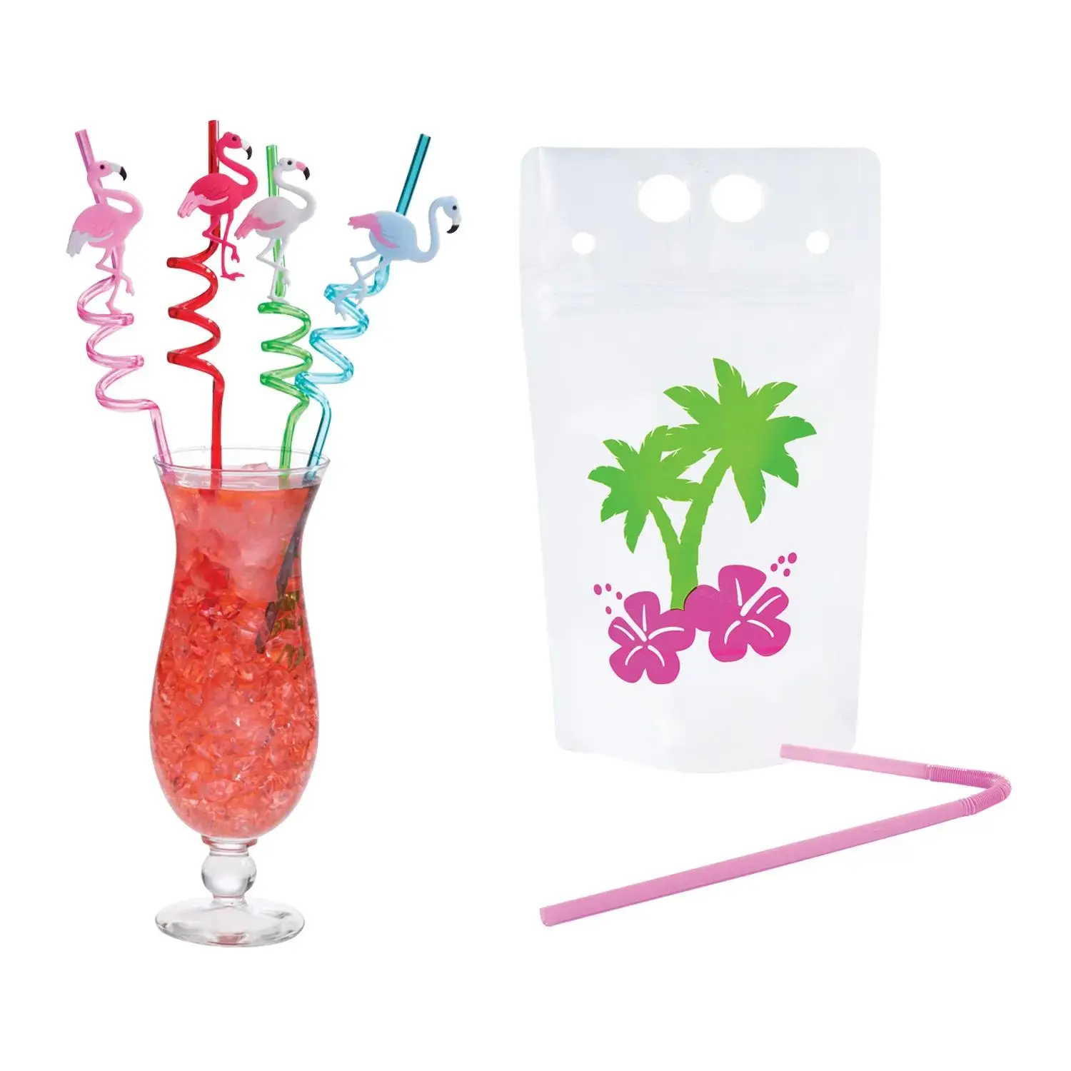 16 oz. Luau Plastic Drink Pouches & Silly Straws Kit - 74 Pc.
