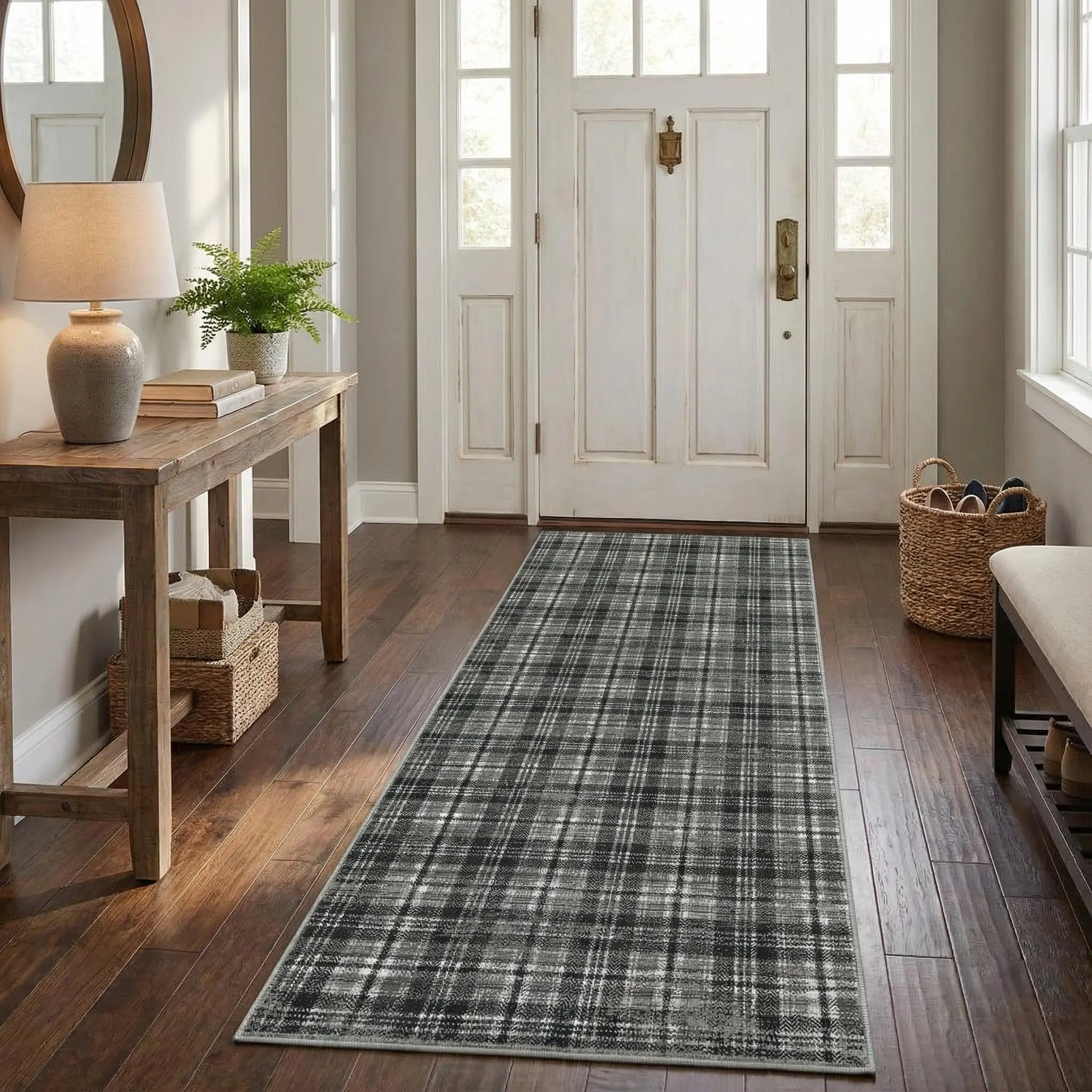 Washable Runner Rug 2x6 Hallway Runner Rug Modern Plaid Non Slip Soft Rugs Checkered Kitchen Rugs Vintage Low Pile Non-Shedding Foldable Runners for Entryway Laundry Bedside Charcoal
