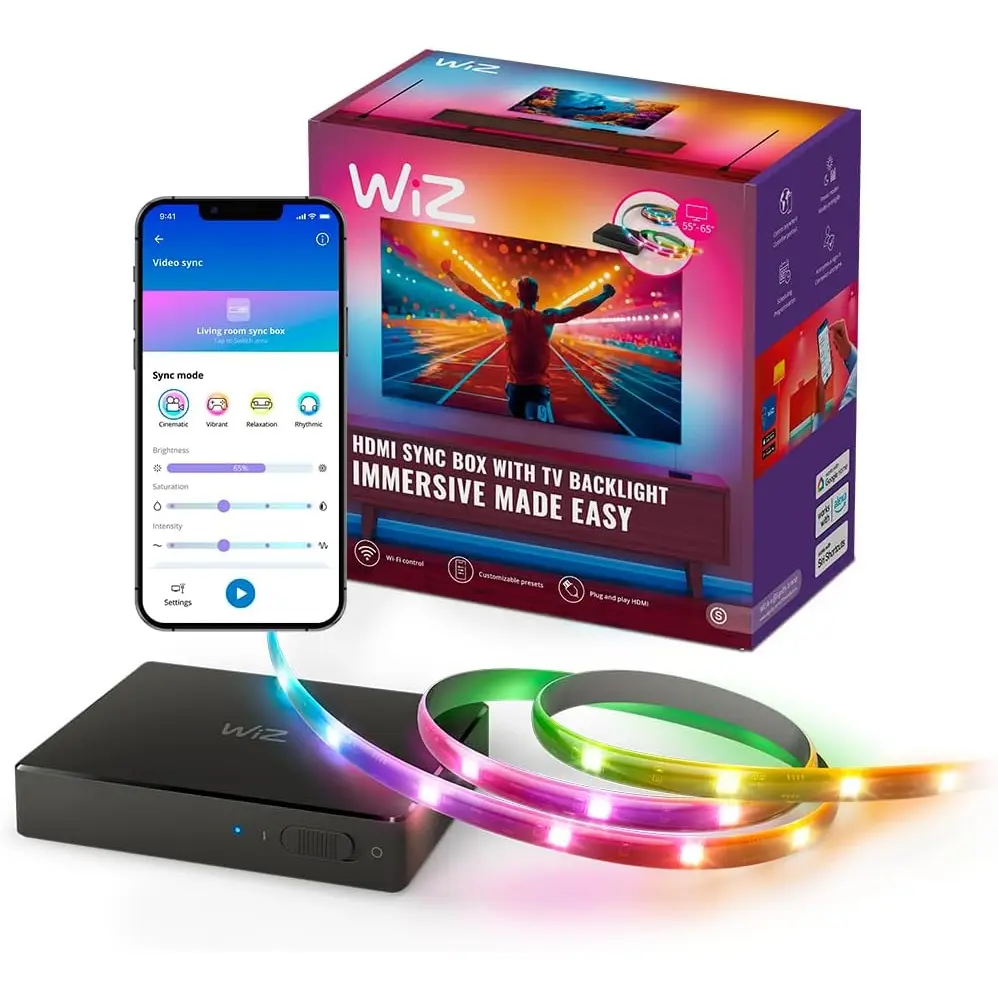 HDMI Sync Box with TV Backlight - Sync to Movies, Games & Music - HDMI 2.0 Supports 4K 60Hz -RGBIC LED Strip 55-65 Inch TVs - Requires External Video Source
