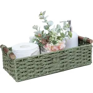 Round Paper Rope Storage Wicker Baskets with Handle Decorative Storage Bins for Organizing, Small Green Toilet Paper Basket for Toilet Tank Top Countertop