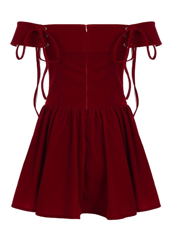 Elegant Banquet Style Solid Wine Red Off-Shoulder Bow Panel Dress. Sleeveless Cold-Shoulder Tie-Waist A-Line Mini Skirt. Perfect for Birthday Formal Occasion Puff Party Dress.