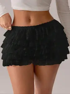 Women's Lace Skirt Shorts, Pleated Ballet Style High Waist A-Line Mini Skirts, Casual Floral Pattern, All Seasons Fashion