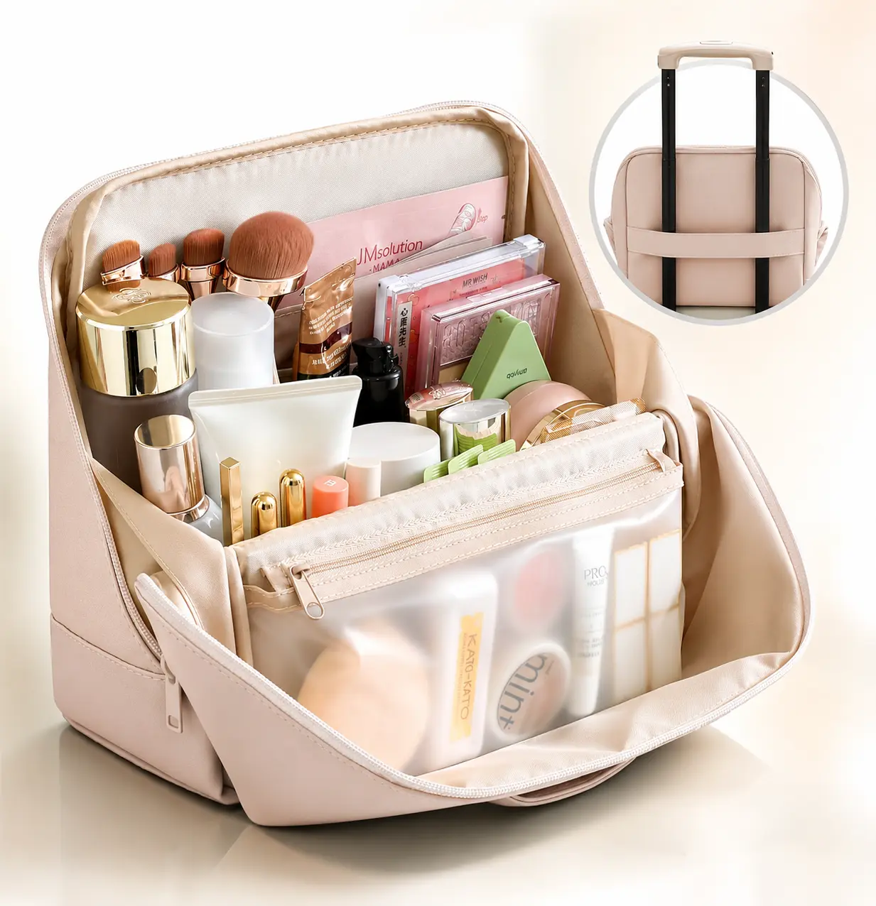 Waterproof Leather Makeup Bag for Travel, Clean Girl Vanity Organizer with Luggage Strap