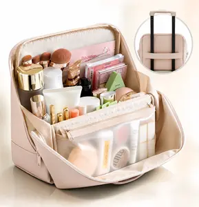 Waterproof Leather Makeup Bag for Travel, Clean Girl Vanity Organizer with Luggage Strap