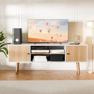 TV Stand for 48-55 Inch TV, Mid Century Modern Entertainment Center with Storage Cabinet, TV Media Console with Charging Station for Living Room