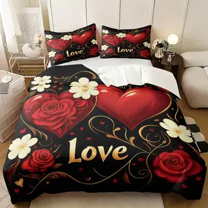 Romantic Valentine's Day Bedding Set, Perfect Holiday Gift, Romantic Bedroom Decor, Rose And Heart Patterns, 2/3pcs Rose, Heart-shaped Pattern & Love Print Duvet Cover Set, Soft and Comfortable, Includes 1 Comforter Cover and 1 or 2 Pillowcases