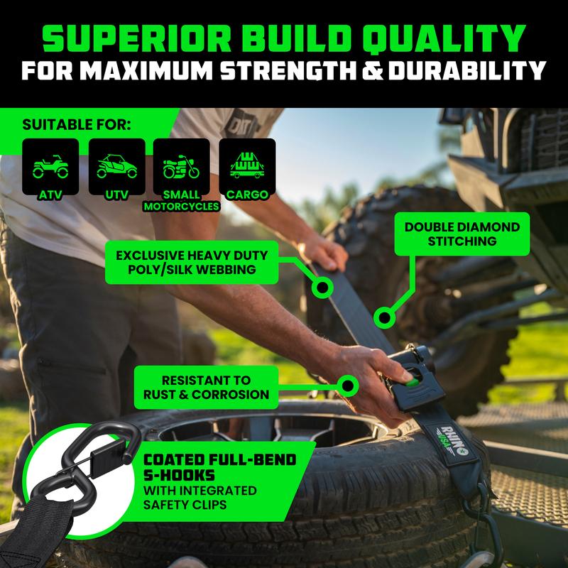 Rhino USA 2" x 10' Retractable Ratchet Straps 2- or 4-Pack - (3,033lb Break Strength) - Heavy Duty Self Retracting Tie Down Straps for Truck, Cargo Trailer