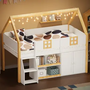 [Bellemave]Twin/Full-size low loft bed with Step Staircase, Shelving, Cabinets and LED lights, White and Natural