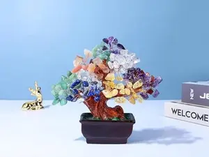 Natural 7 Chakra Gemstone Crystal Money Tree Resin Base Bonsai Feng Shui Decorations for Wealth and Luck 6.3"-6.7"