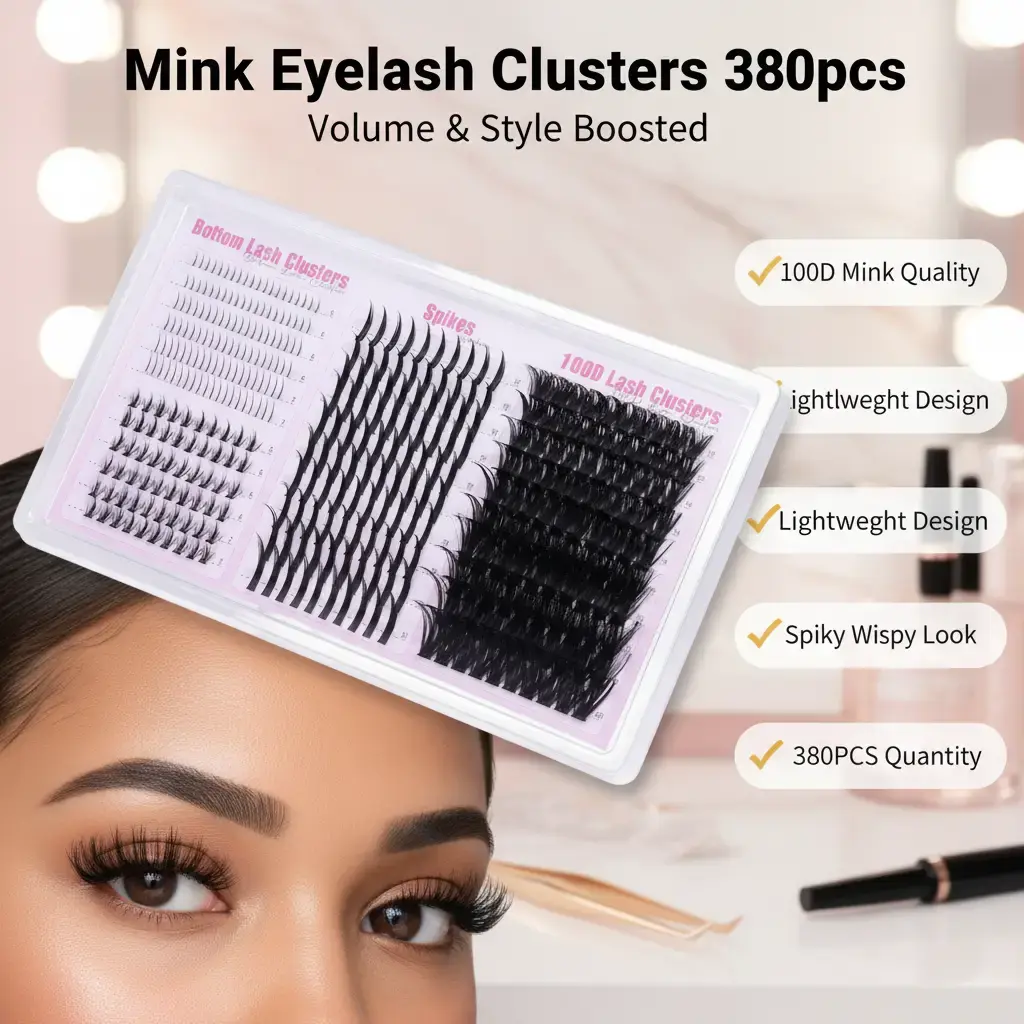 100D Mink Individual Eyelash Clusters, Lightweight Spiky Wispy Volume False Lashes with 2 Bottom Lash Styles, 380PCS Extensions for Makeup