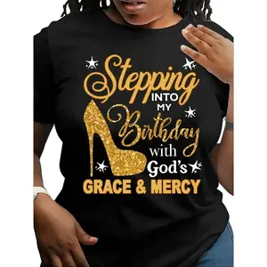 Gold Glitter Heel "Stepping Into My Birthday" Christian Graphic Tee - Birthday Faith Top "God's Grace & Mercy" Birthday Christian Black T-Shirt - Glitter Heel Casual Tee