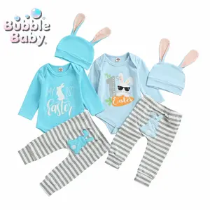 Toddler Baby Boy "My 1st Easter" 3-Piece Outfit - Long/Short Sleeve Bodysuit with Bunny Print, Striped Pants & 3D Bunny Ears Hat  Newborn Easter Photo Shoot Set