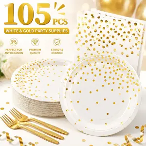105 PCS White and Gold Party Supplies, Disposable Gold Dot Paper Dessert Plates and Napkins Set, Serves 35 Guests with 7 Inch Plates for Birthday Party, Wedding Reception, Bridal Shower, Baby Shower, Anniversary and Elegant Table Decor