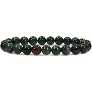 Natural Green Bloodstone Heliotrope Gemstone 8mm Round Beads Stretch Bracelet 7" Unisex