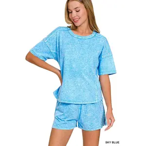 Zenana Halo Snow Washed Short Sleeve Tee and Shorts Set