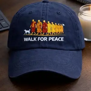 Walk For Peace Washed Hat, Zen Monk Walking Graphic Cap, Buddhist Compassion Aesthetic, Pigment Dyed Vintage Hat, Unisex Spiritual Streetwear