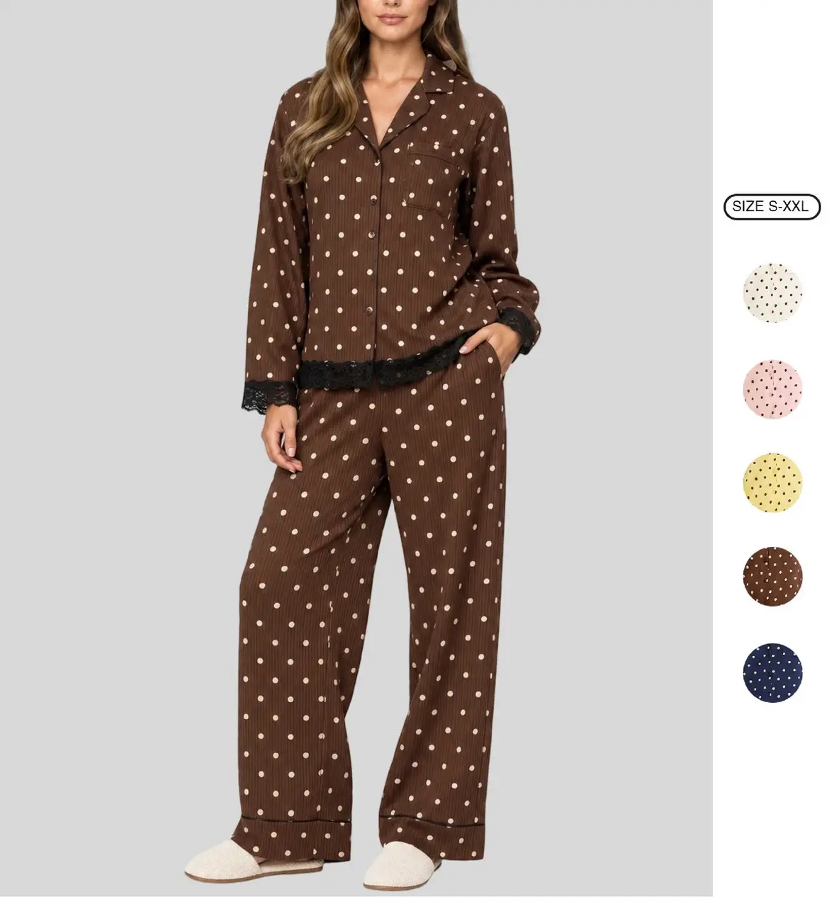 Women’s 2 Piece Polka Dot Pajama Set, Lace Trim Button Down Long Sleeve Sleepwear Top and Wide Leg Pants, Cute Soft Lounge Set Nightwear for Women
