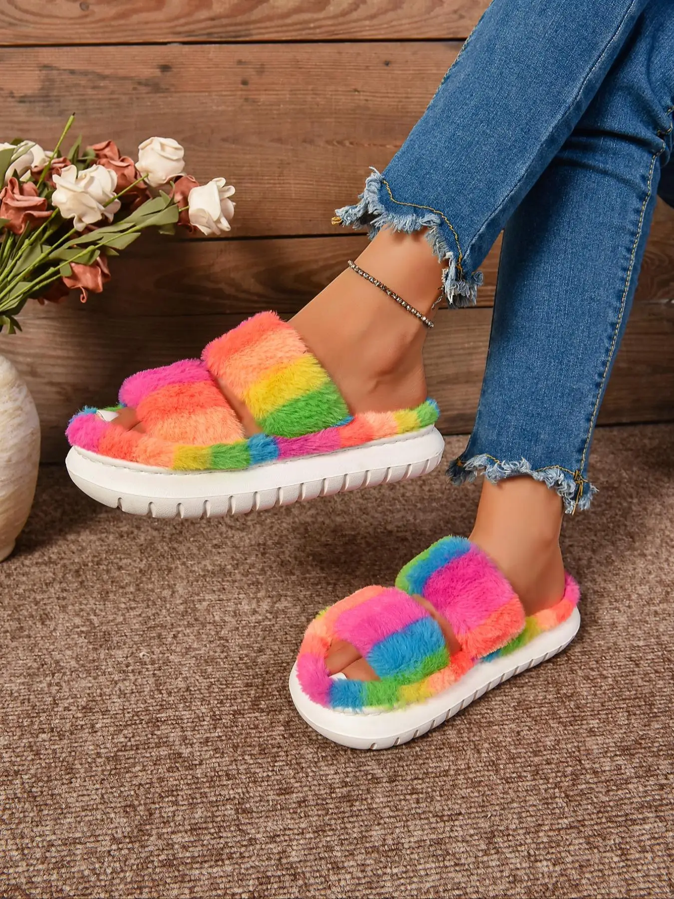 Women's Cute Colorful Fluffy House Slippers, Double Band Open Toe Slippers, Casual Soft Comfortable Home Slippers, Warm Shoes for Indoor & Outdoor Use