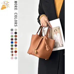 New Genuine Leather Bucket Bag for Women, Handbag 18cm, Casual Plain Design, All Seasons Use, Stylish and Durable