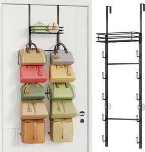 Over The Door Purse Organizer - Wall Mounted Purse Rack with 10 Hooks and Metal Basket, Hanging Handbag Organizer Holds up to 10 Bags, Detachable Bag Rack for Door Closet (Black)