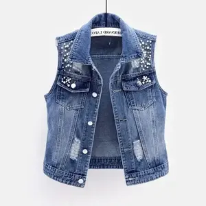 Women Denim Vest Luxury Pearls Fashion 2026 Spring Autumn Jeans Jacket Sleeveless Loose Short Coat Waistcoats Streetwear Female Womenswear Outerwear